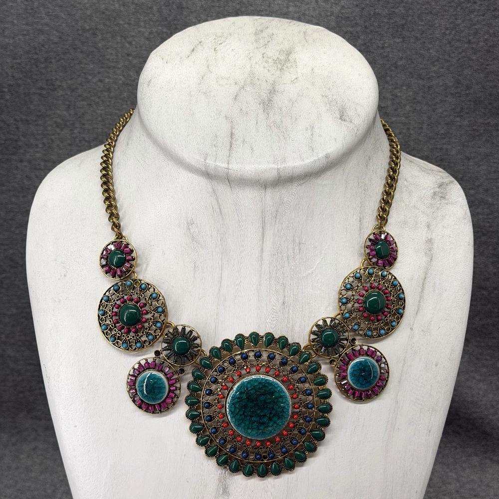 Vintage Statement Collar Necklace Boho Green Beaded Medallion Chunky Bib Brass